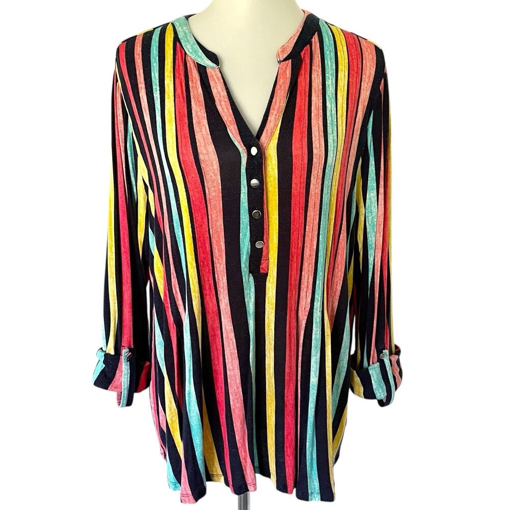 Kim Rogers Multicolor Colorful Striped Henley Top Shirt Blouse 1X Rayon Stretch